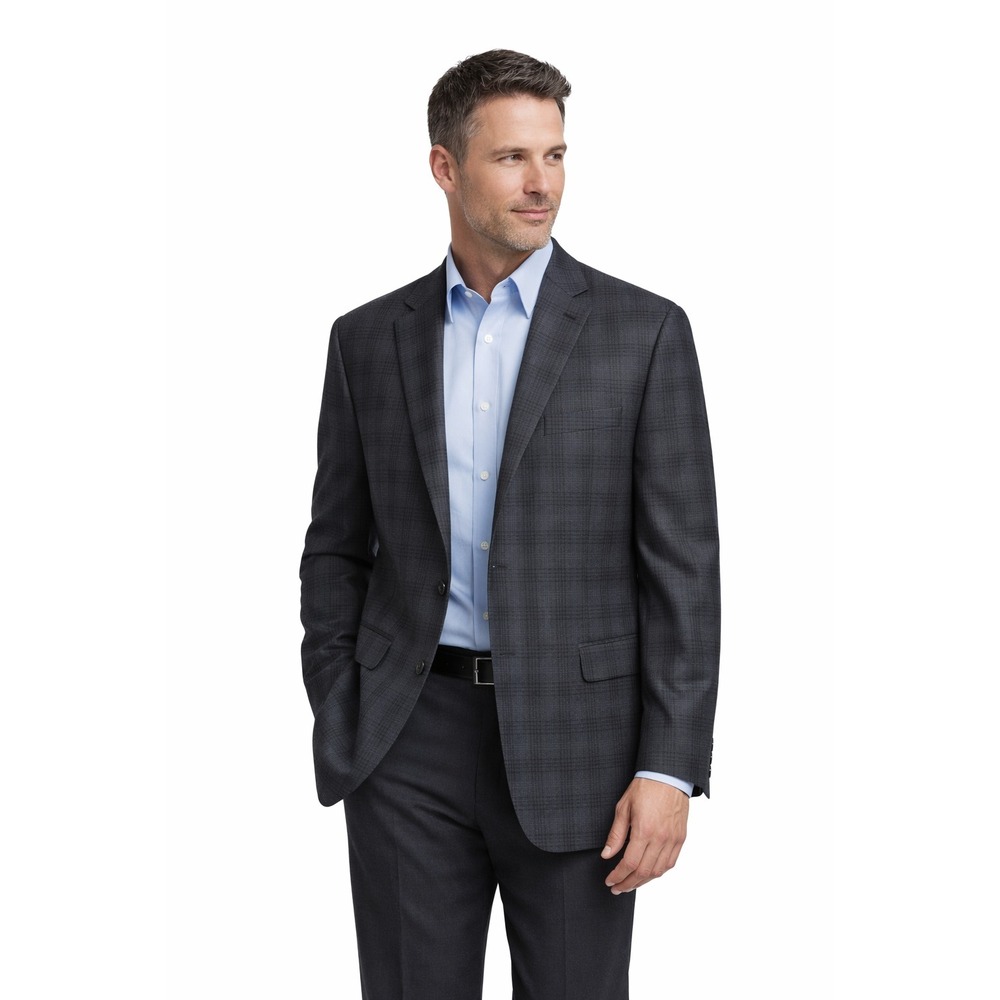 Jos‎ A Bank Executive Sport Coat Mens 46L Charcoal Gray Plaid Wool Blend Blazer